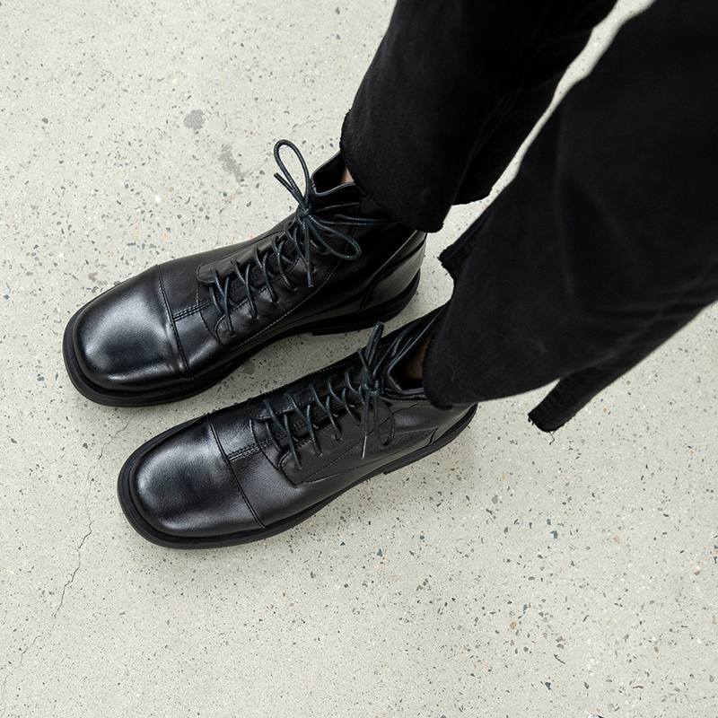 Krazing Pot Skórzane buty zimowe z okrągłym noskiem, grube, niskie obcasy, motocyklowe, damskie, sznurowane, duży rozmiar 43, botki