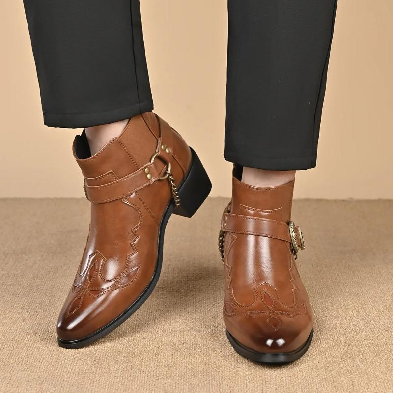 Stivali da Cowboy Vintage alla Moda da Uomo in Pelle con Cinturino Alto a Fibbia a Catena Scarpe a Punta Stivaletti da Motociclista da Uomo