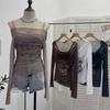 2KWEIRD Women Retro Y2K Hot Girl One Shoulder Mesh Sunscreen Cover Up Camisole Long Sleeve T-Shirt Two-piece Tops Suit Daily Outfit