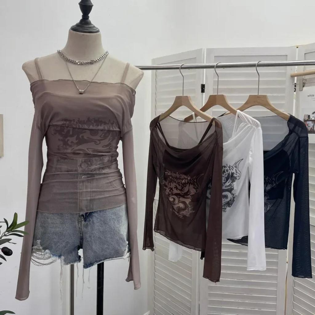 2KWEIRD Women Retro Y2K Hot Girl One Shoulder Mesh Sunscreen Cover Up Camisole Long Sleeve T-Shirt Two-piece Tops Suit Daily Outfit