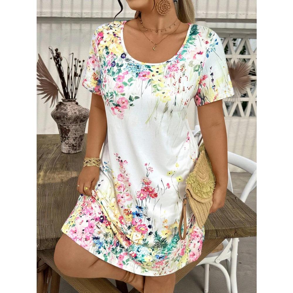 Women Floral Print Round Neck Short Sleeve Casual Dress Summer Bohemian Style Holiday Loose Oversized Dress