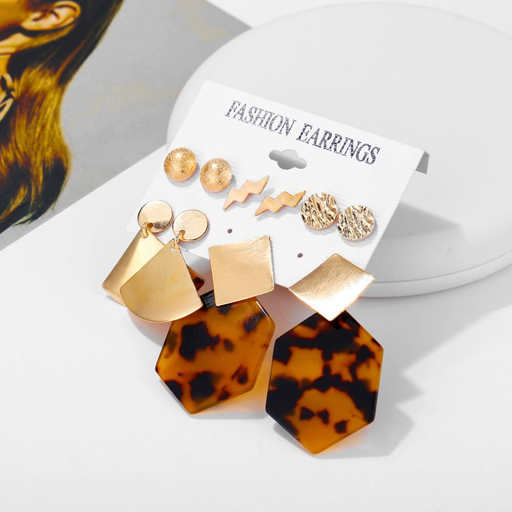 5 Pairs/set Women Fashion Metallic Polygonal Leopard Print Acrylic Earrings Set