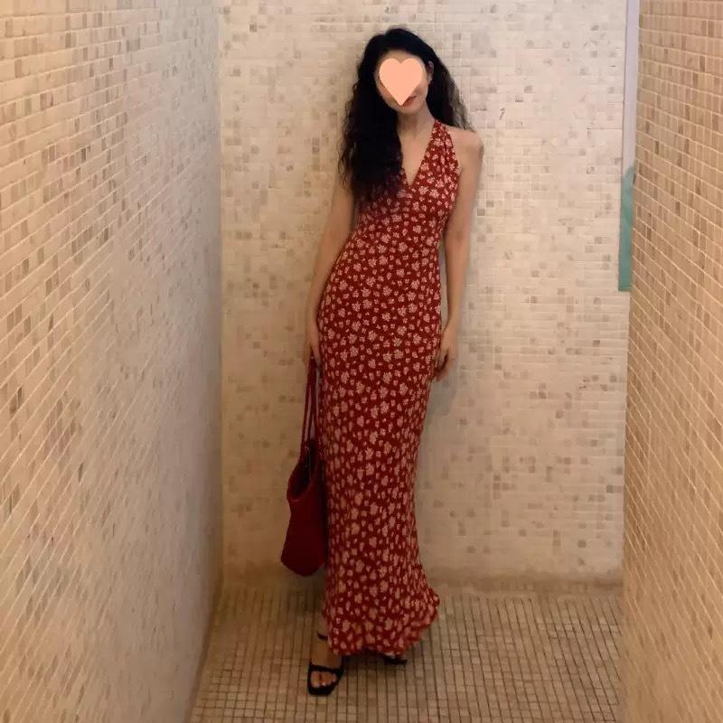Women's Neck Hanging Floral Dress, Women's Backless Atmosphere, Slim Fit and Slimming Vest Dress