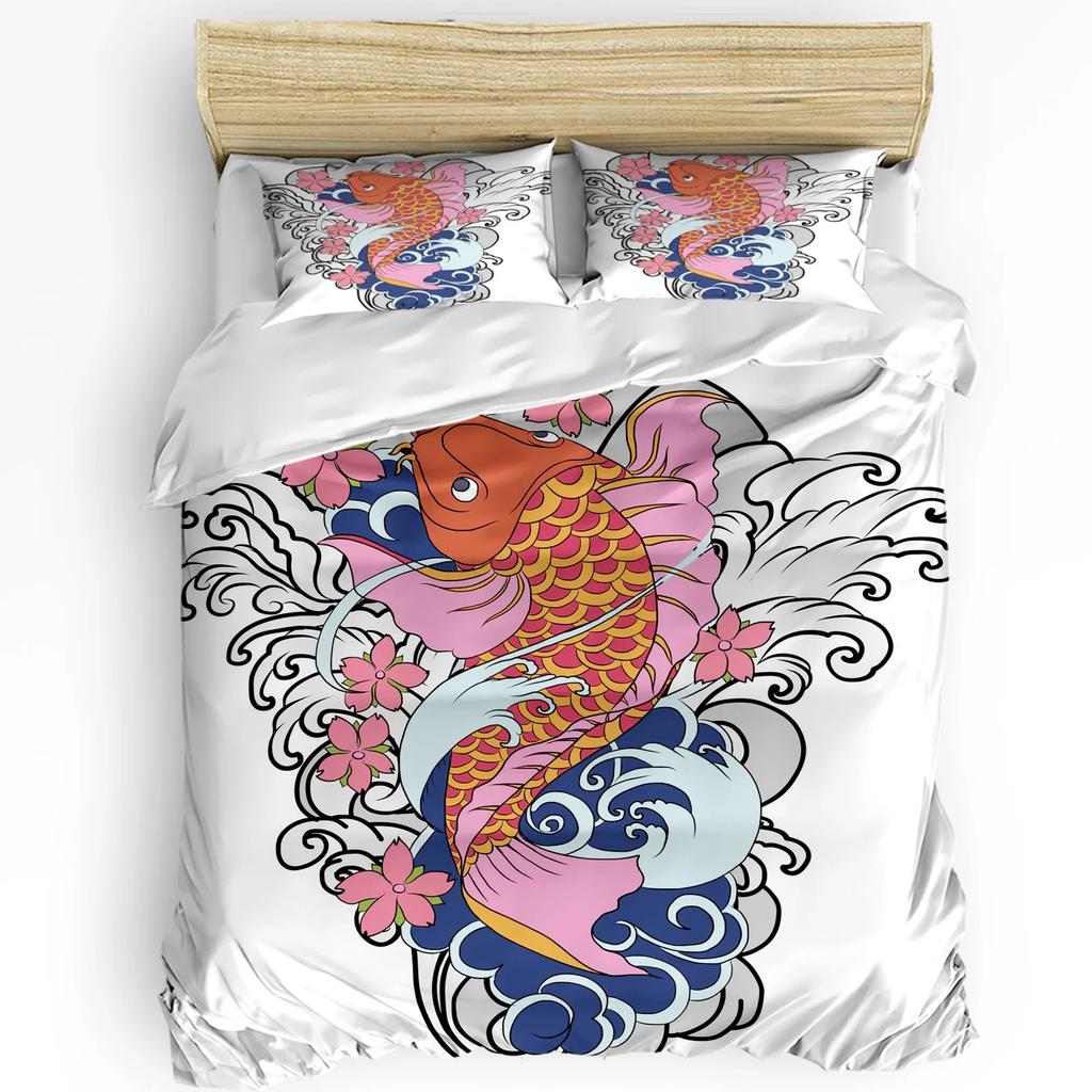 Japanese Style Carp Cherry Blossom Bedding Set 3pcs Duvet Cover Pillowcase Kids Adult Quilt Cover Double Bed Set Home Textile