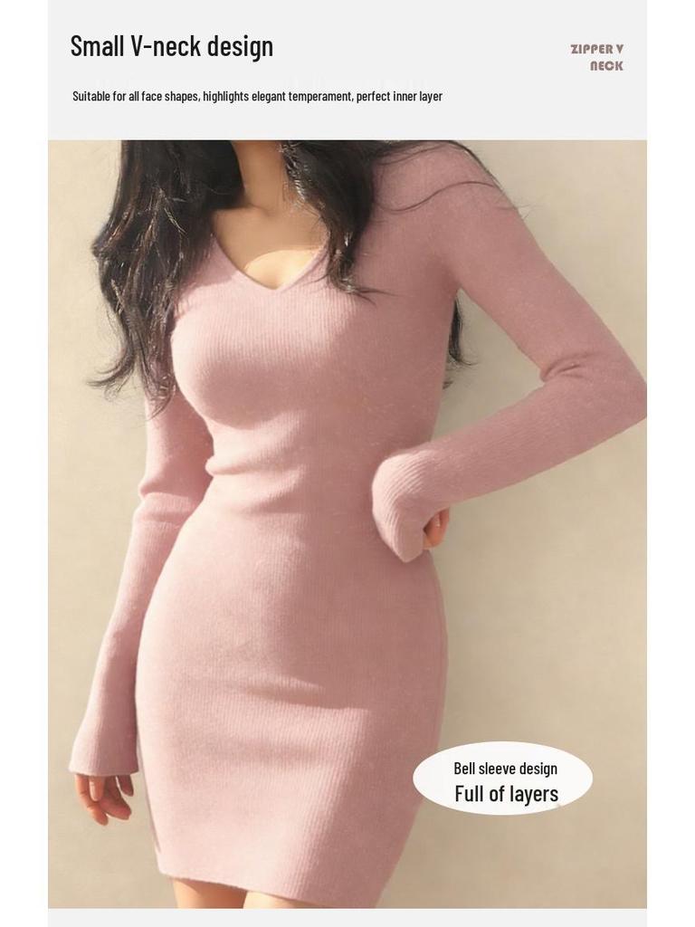High-End Pink V-Neck Knit Dress: Women's Autumn/Winter Hip-Hugging Skirt, New Year Hot Girl Outfit.