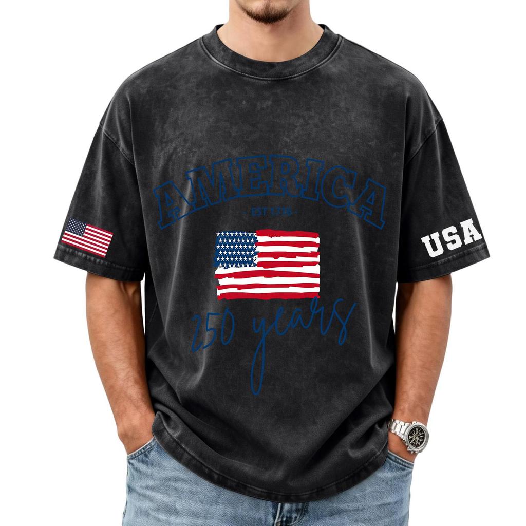 Herren lockeres und lässiges T-Shirt mit Flaggen-Buchstaben-Print - Trendiges gewaschenes kurzärmeliges Oberteil für Herren