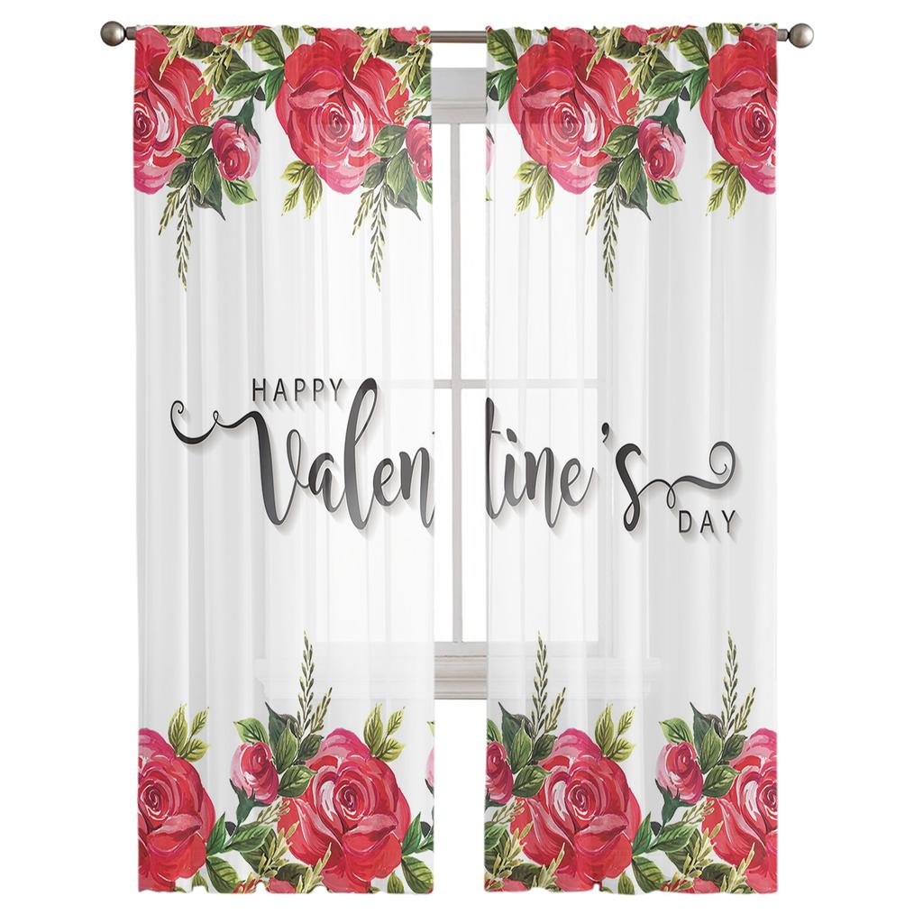 Valentine Flower Red Rose Tulle Curtains For Living Room Bedroom Home Decor Chiffon Sheer Voile Kitchen Curtain