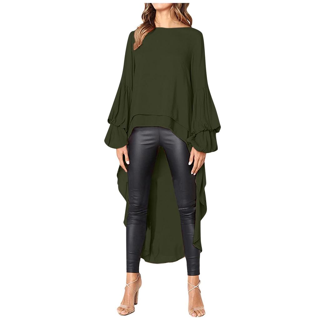 Women's Casual Loose Round Neck Long Sleeve High Hem Irregular Top Shirt
