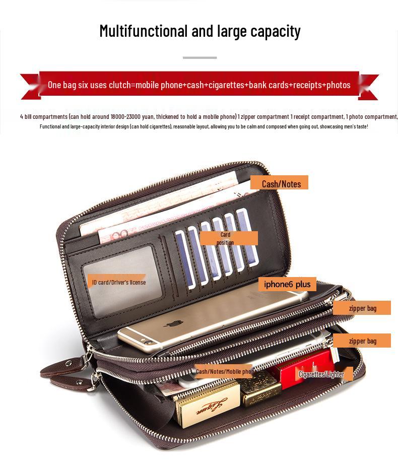 Men's High-Capacity Luxury Wallet and Phone Bag with Double Zipper and Multiple Card Slots