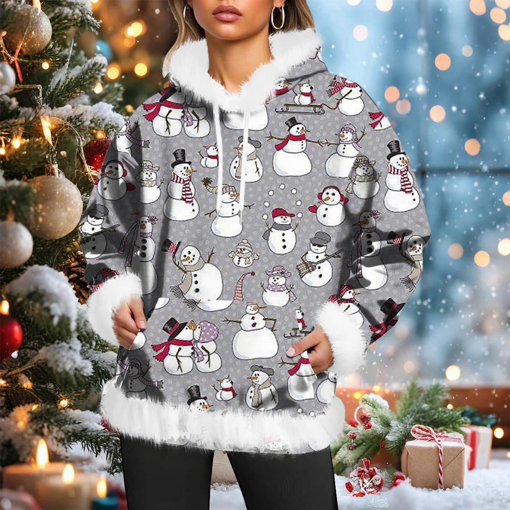 Damska świąteczna bluza z kapturem, casualowa, z podszewką z polaru, z długimi rękawami i kieszeniami