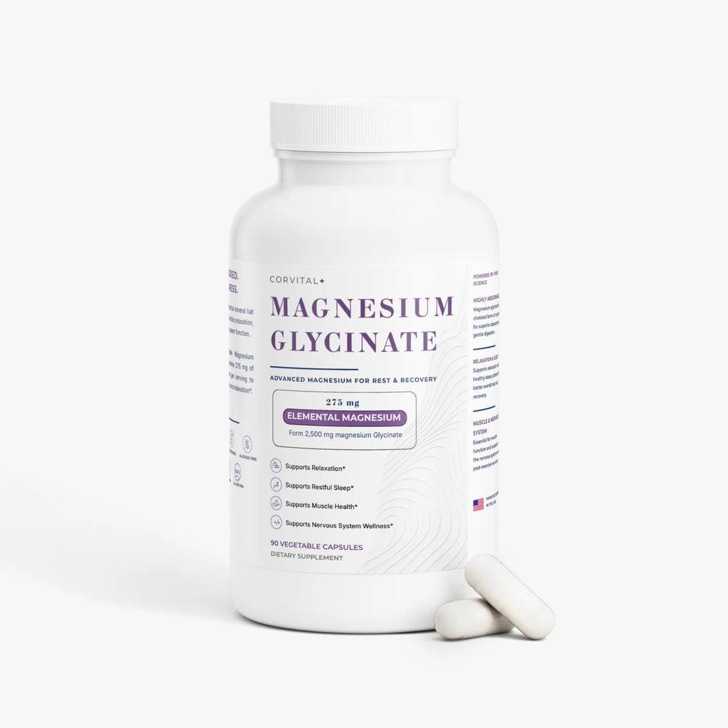 Corvital+ Capsule di Glicinato di Magnesio 275mg Magnesio Elementare Alto Assorbimento Supplemento Chelato per Sonno e Rilassamento Muscolare 90 Capsule