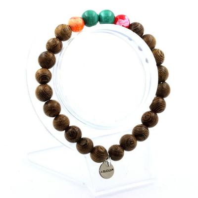 Stones and Minerals. Malachite Beads Bracelet from Congo + Multicolored Cracked Agate + Wood Made In France.
