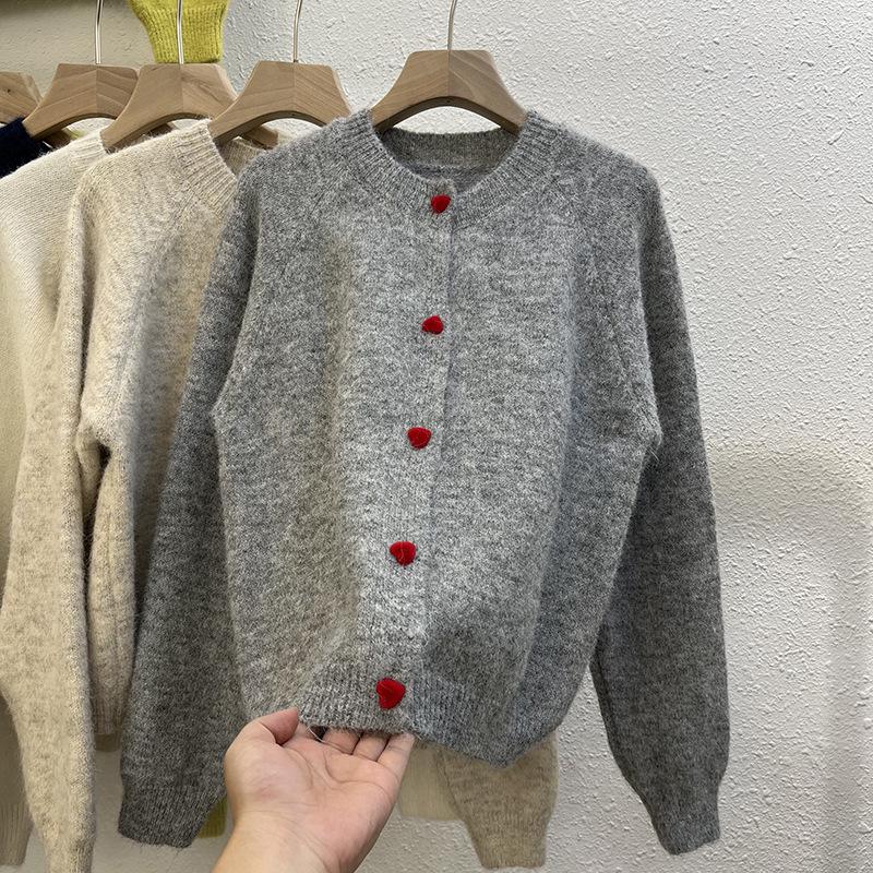 Women's Retro Dark Gray Wool Cardigan - Autumn/Winter, Soft & Warm with Love Button Raglan Sleeves