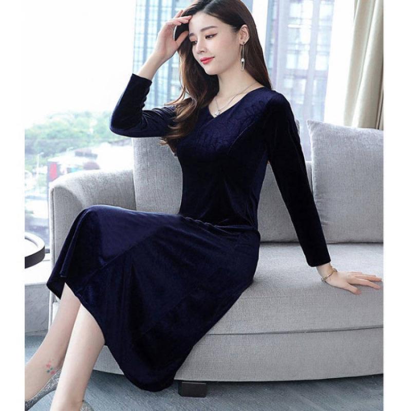 

Elegant Velvet Long Sleeve Dress for Women - Waist-Cinching Mid-Length Skirt for Any Season M темно-синього кольору
