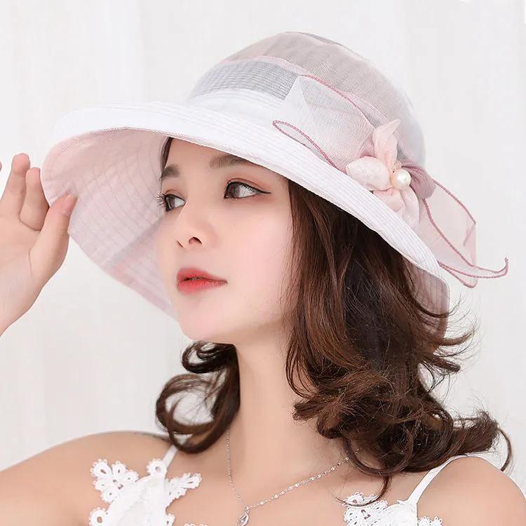 WTEMPO Women's Summer Mesh Bow Wide Brim Travel Beach Hats Elegant Foldable Solid Color Casual Bucket Hats