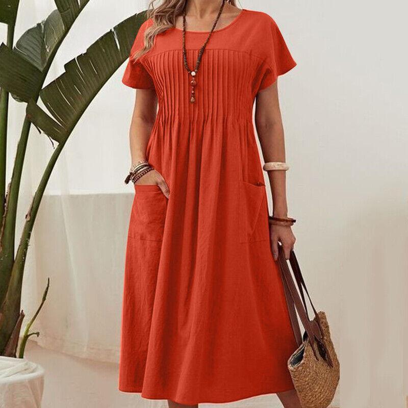 

Летнее женское платье большого размера, длинное, однотонное, с круглым вырезом, карманом, плиссированное, с коротким рукавом 2XL красный