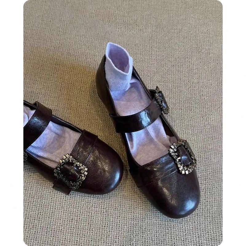 Retro Metal One-word Buckle Shallow Mouth Mary Jane Women's Shoes New with Skirt Flat-soled Small Leather Shoes