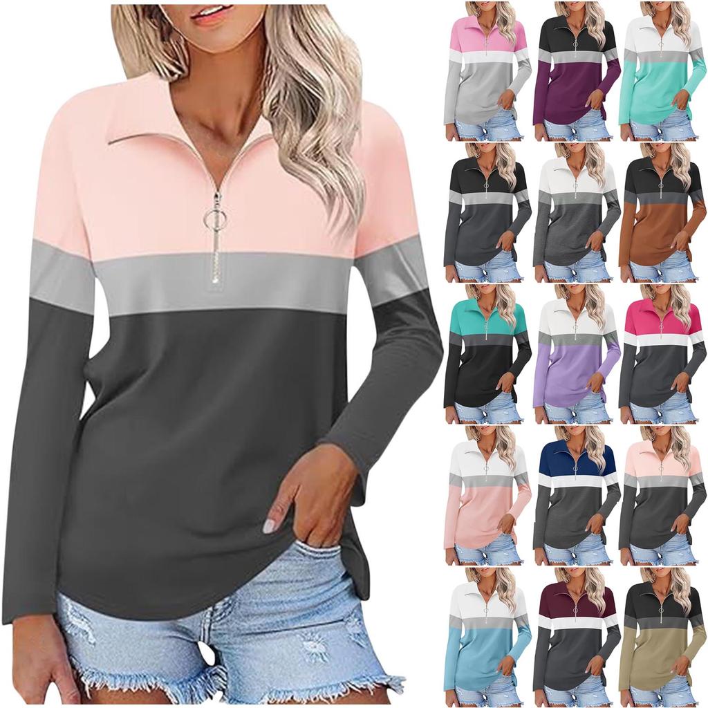 Women's Casual Versatile Fashion Trend Color Matching Zipper Long Sleeve