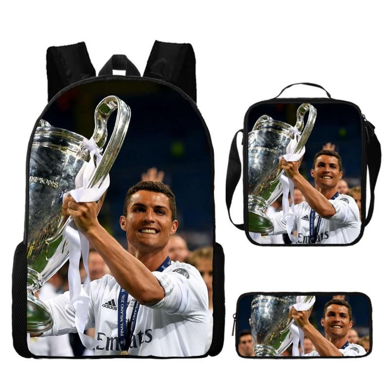 Conjunto de Mochila Escolar Infantil Estampada Cristiano Ronaldo Meninos Meninas 3 Peças Mochila de Tecido Oxford Com Lancheira Estojo