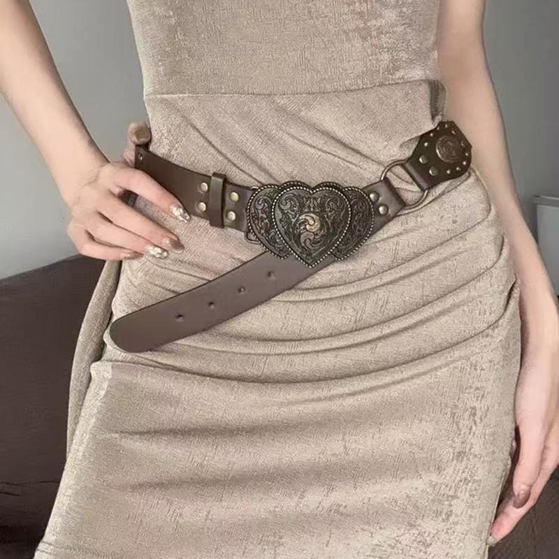 New Y2K Western Carved Belt Vintage Distressed No-Hole PU Leather