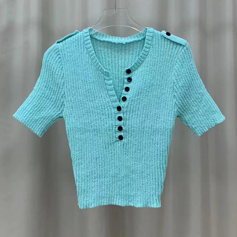 Kolorowe Koszulki Dzianinowe z Dekoltem V i Klamrą na Sznurki Krótki Fason Letnie Cienkie Dopasowane Sto Małych Koszulek Topy Damskie Codzienne Niezbędne Dopasowane Pulowery T-shirty