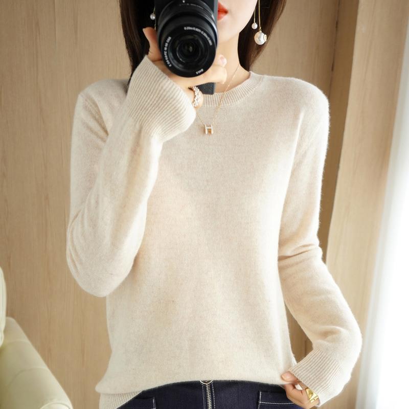 Women's Slim-Fit Round Neck Knitted Pullover, Long Sleeve, Base Layer for Spring/Autumn 2023, Non-Cashmere Top