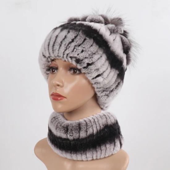 Knitted Women Warm Rex Rabbit Fur Hat Scarf Sets Winter Natural Rex Rabbit Fur Cap Scarves Russia Lady Fur Hats Muffler 2 Pieces