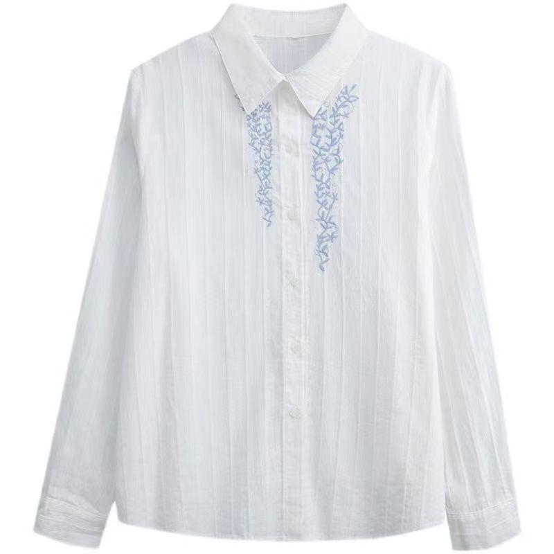 Cotton Embroidered White Shirt with Sun Protection Spring Autumn Design Niche Long Sleeved Blouse Top for Women
