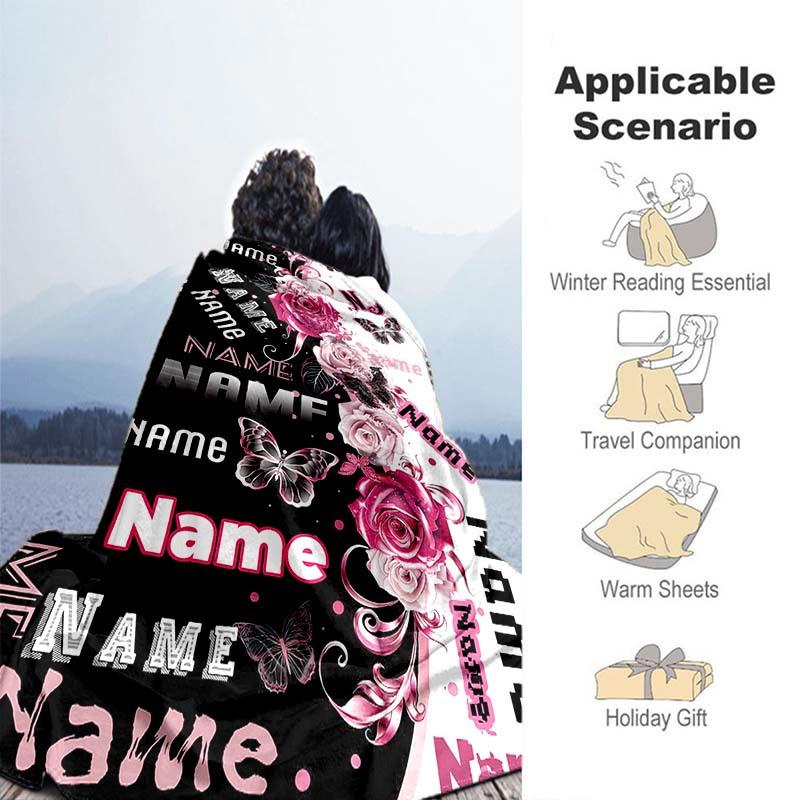Your Name Rose Butterfly Customize Your Name Blanket Warm Comfortable Soft Blanket For Chair Office Sofa Bed Sofa Office Camping Suitable For Gifting