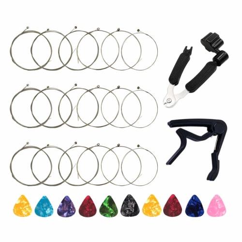 

Includes 3 full sets of electric guitar strings, 1 guitar capo, 1 3-in-1 guitar stringing tool, and 10 guitar picks.