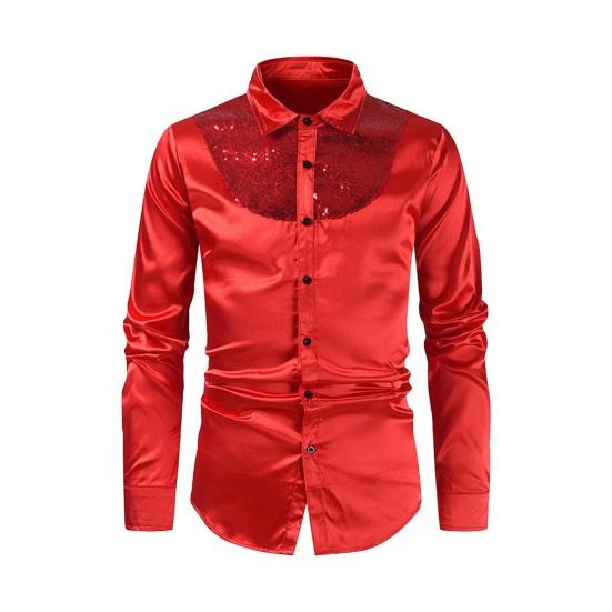 

Весна Осень Мужская Рубашка Блестящая Гладкая Поверхность Однобортный Лоскутный Кардиган Отложной Воротник M красный