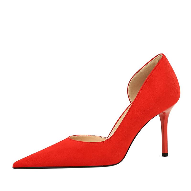 Office Women Suede Pumps Side Hollow High Heel Shoes New Wedding Party Red Green Shallow Mouth Pointed Toe Stiletto