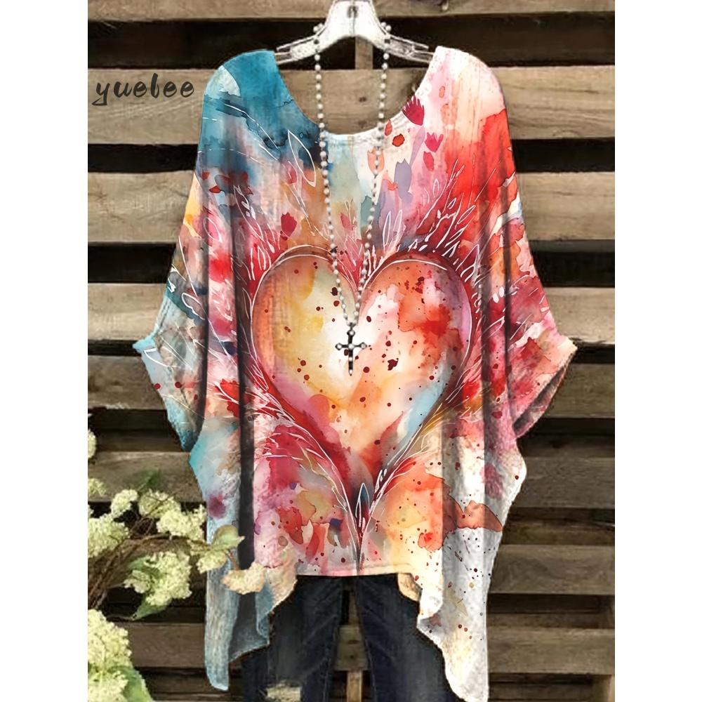 T-shirt Estiva Elegante Bohemien Bicolore da Donna con Stampa Floreale a Forma di Cuore e Farfalla, Scollo Tondo, Blusa Casual, Abbigliamento Bohemien da Donna