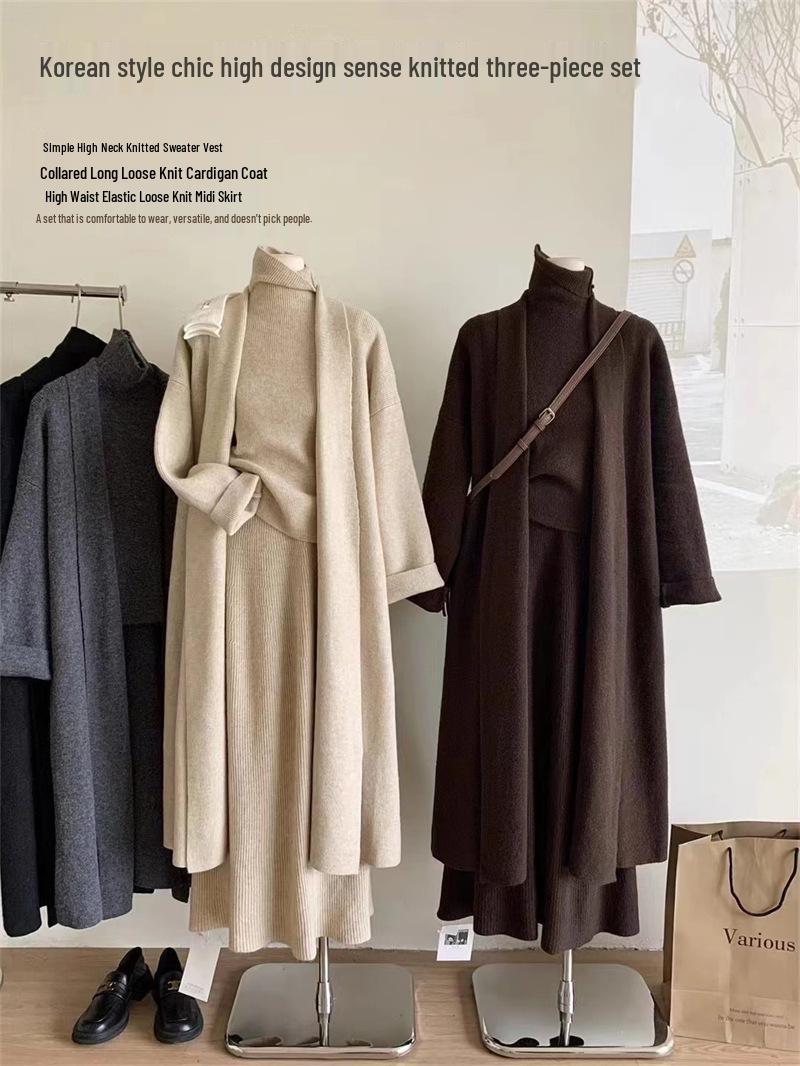 

Женский вязаный комплект оверсайз - Осень/Зима Тройка: Жилет, юбка миди и свитер. One Size абрикосовый