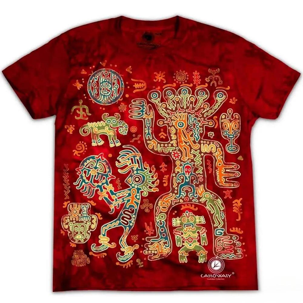 Heren Rode Tie-Dye Aztec Tribale Print T-shirt, Oude Maya Symbolen Korte Mouw Casual Top