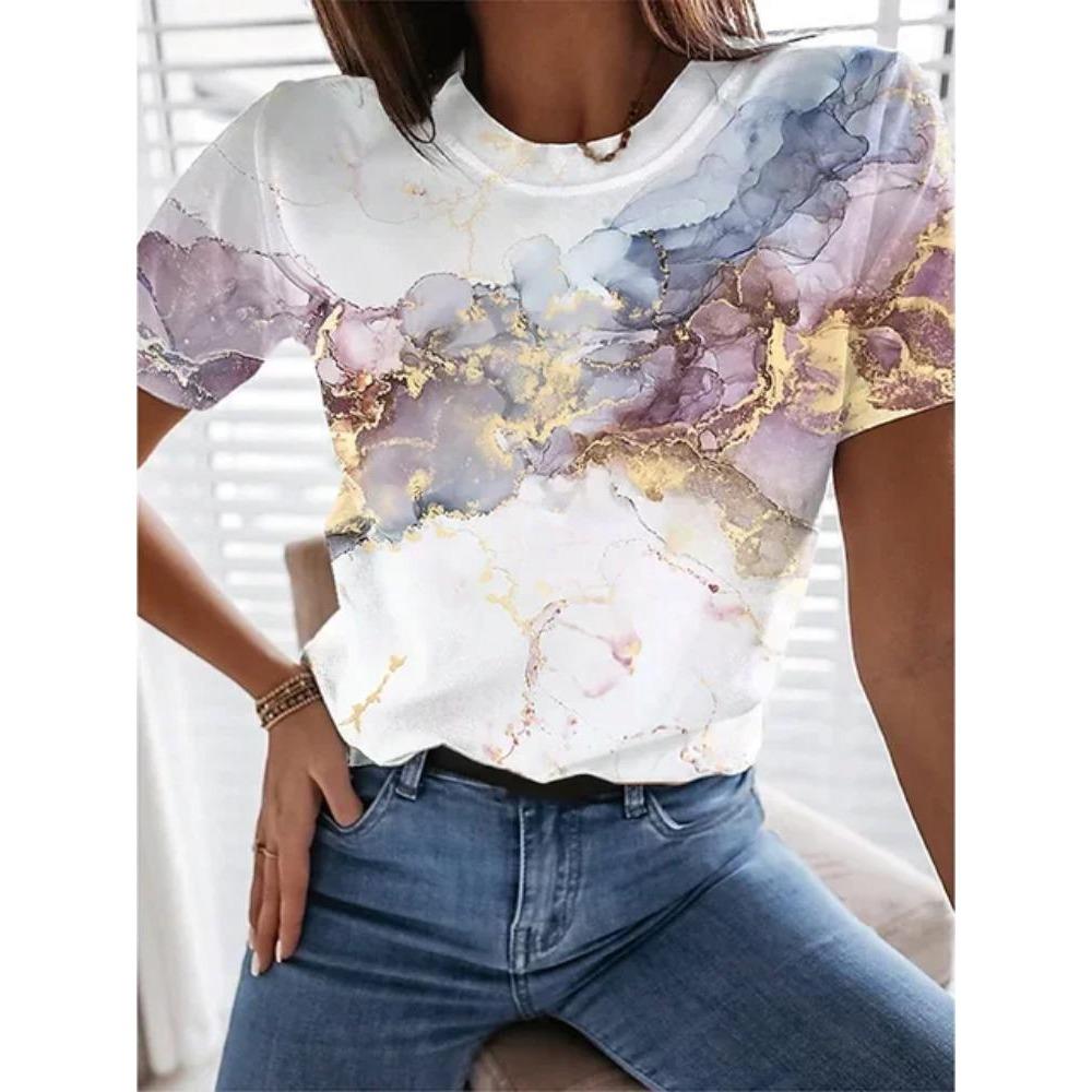 Summer new fashion 3D flower print women's round neck T-shirt short sleeved casual street T-shirt loose clothes women