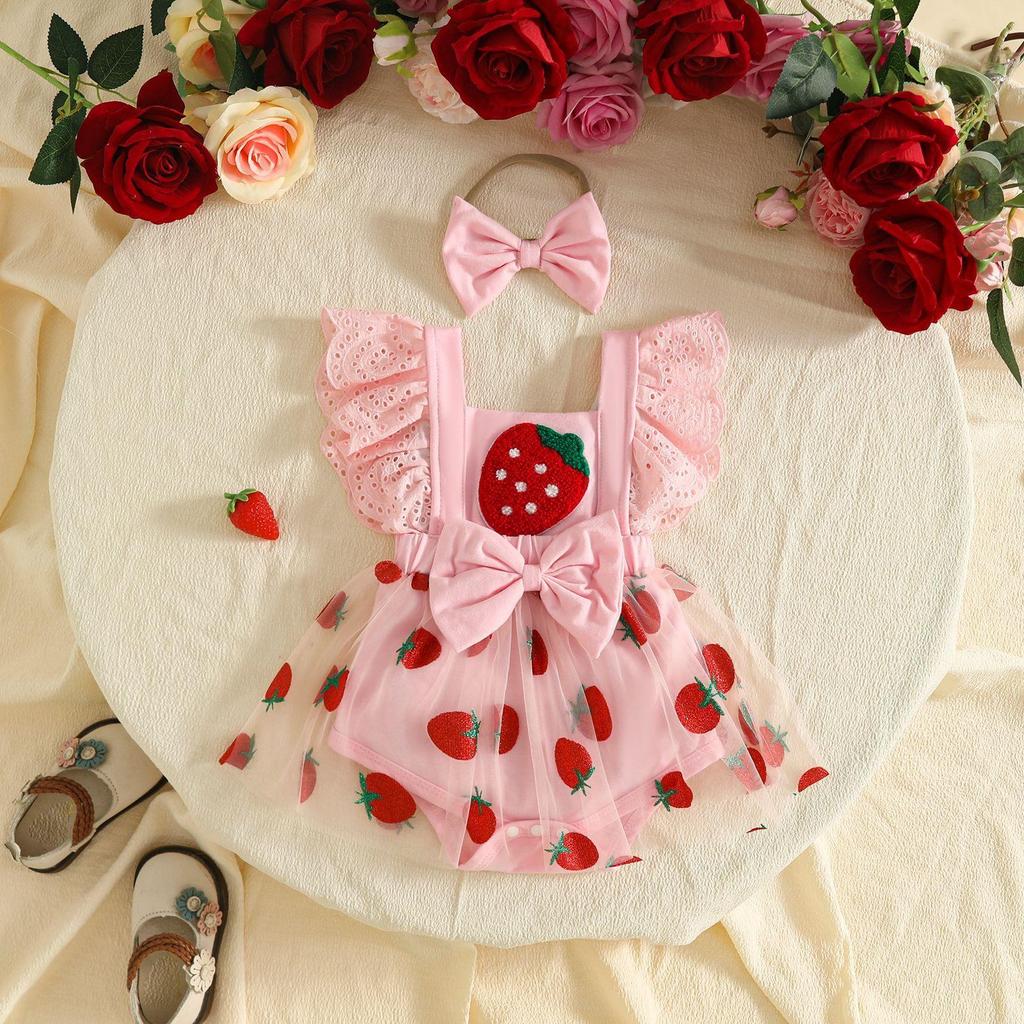 Sweet Baby Girl Fruit Flower Mesh Patchwork Dress with Lace Trim, Bowknot, Harem Skirt, and Hair Tie.