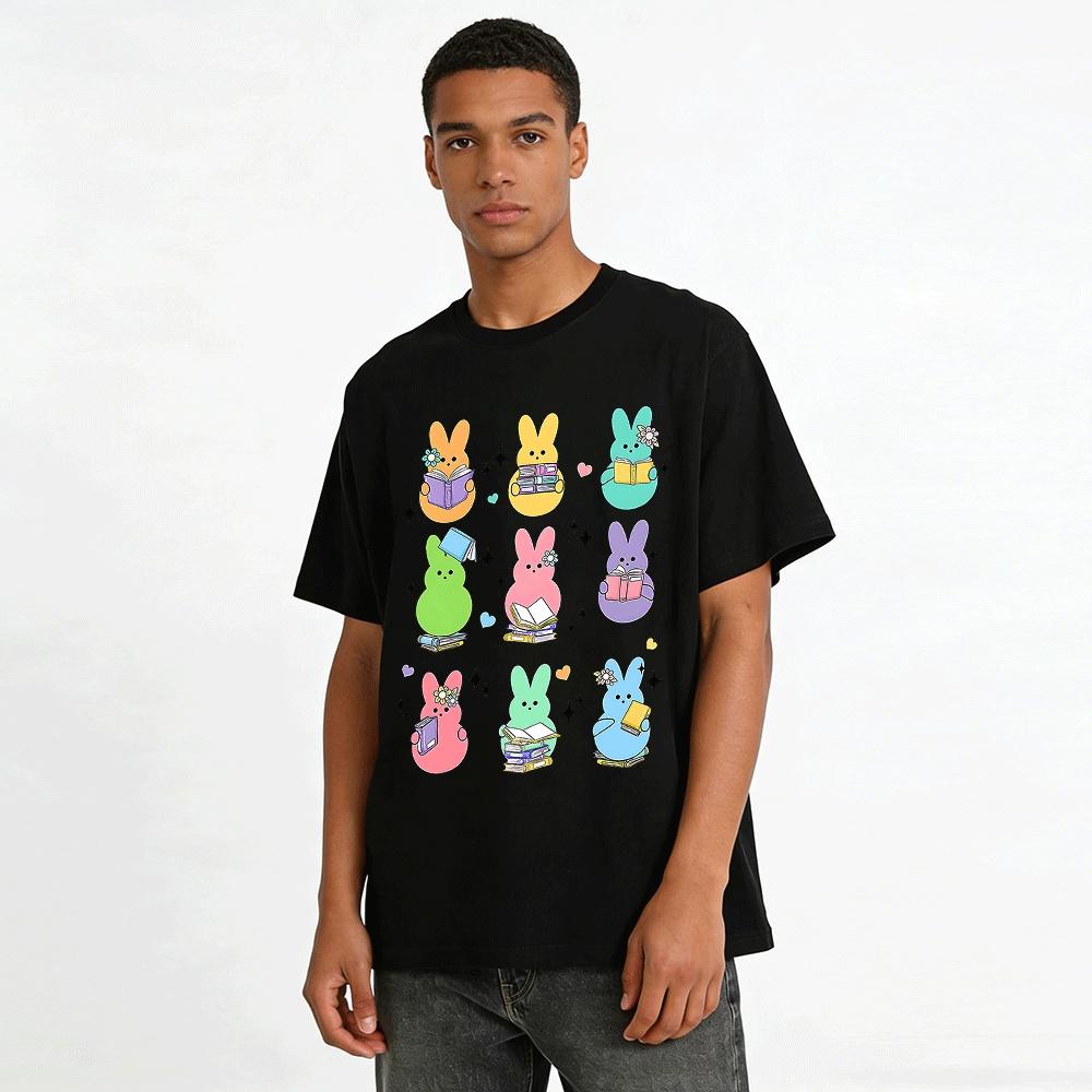 Cute Book-Loving Bunny Print Casual Top Pure Cotton T-shirt