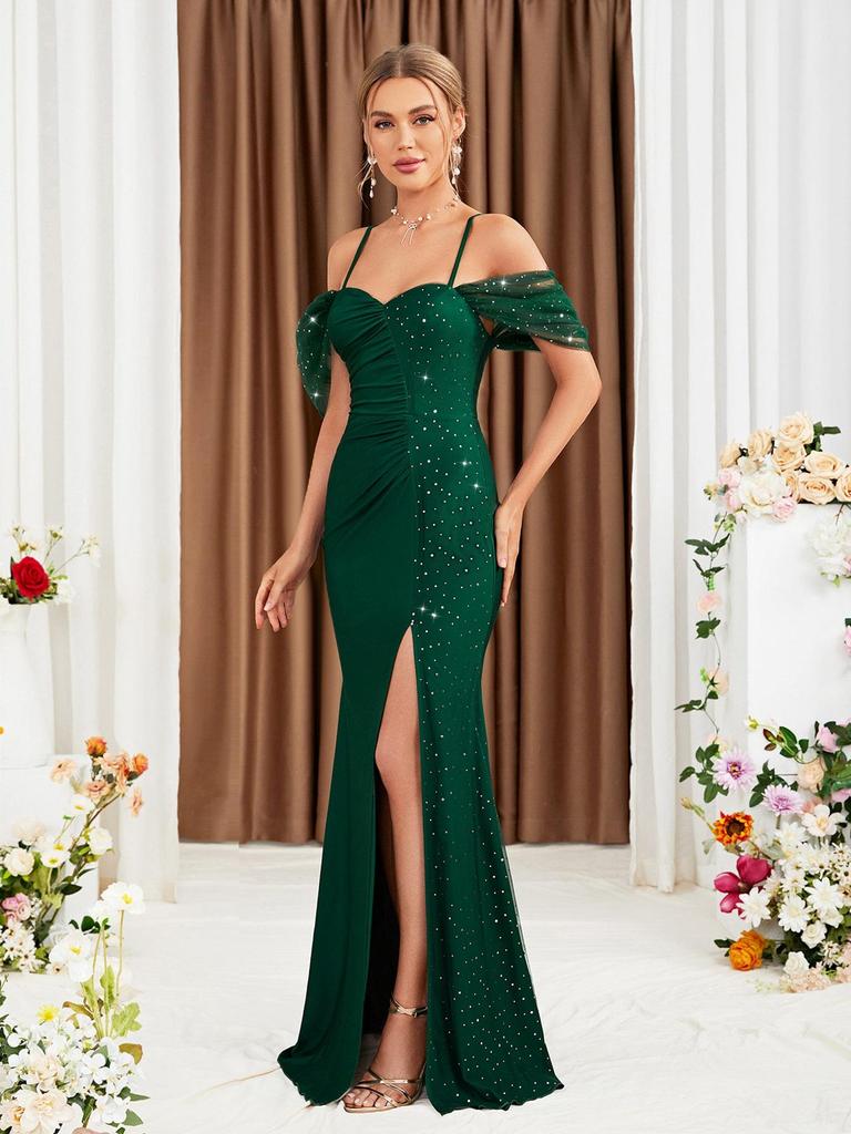 Off-Shoulder Spaghetti Strap Fishtail Evening Dress with Slit - New Slim Fit Gown for Annual Meeting or Special Events 2025