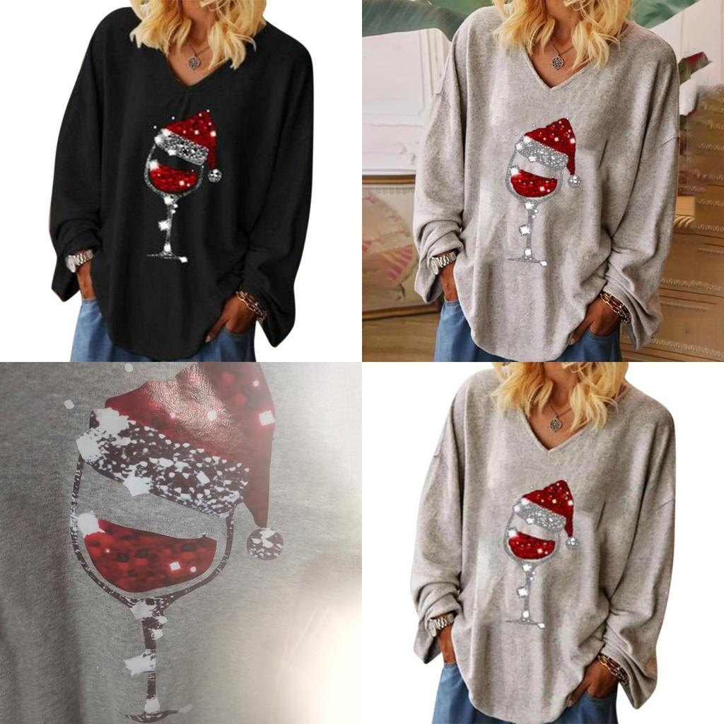 Stilvolles Damen Weihnachts-Weinglas T-Shirt V-Ausschnitt Langarm Bluse Tops