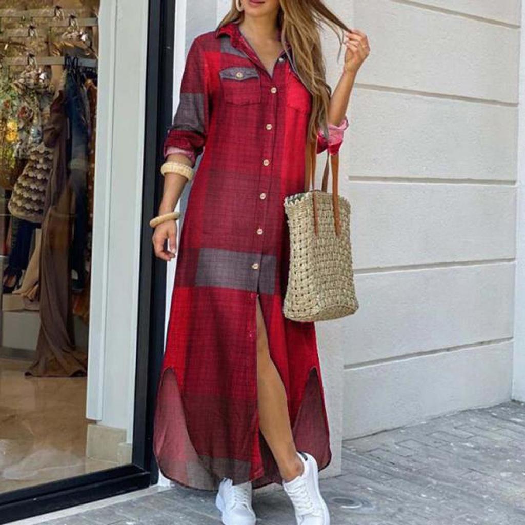Fashion Womens Casual Loose Sexy Long Sleeve Pocket Button Shirt Print Dress