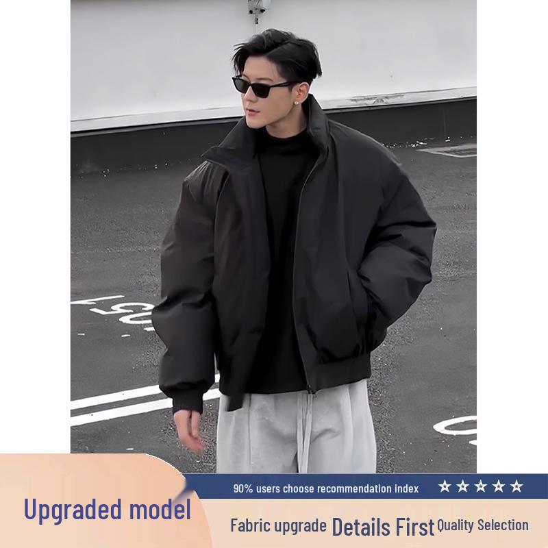 Męska czarna kurtka bomber: Płaszcz puchowy, luźny krój, fajna kurtka baseballowa w amerykańskim stylu