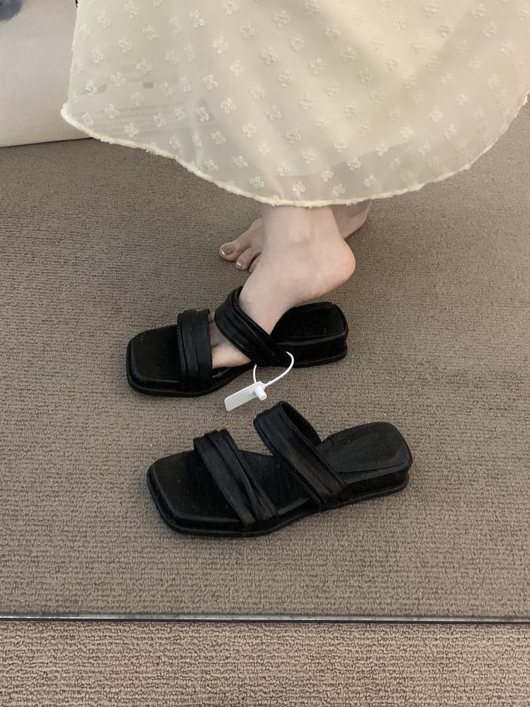 Wedge heel niche retro square head one-word slippers women's shoes outer wear 2025 summer with skirt French sandals