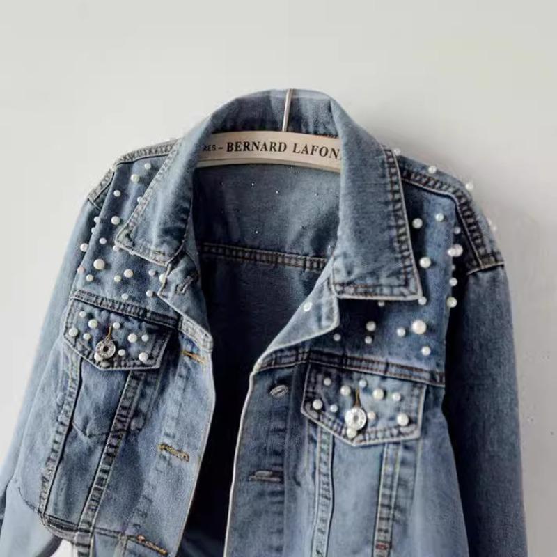 Veste en jean Femme Station Européenne Grande Taille Femme Manteau à Perles et Diamants Veste Étudiante Tendance Ample et Décontractée