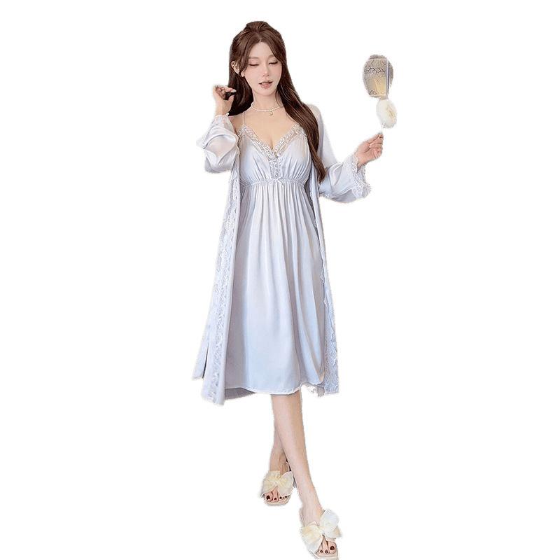 New Ice Silk Suspender Nightgown Nightdress Women's Lace Butterfly Long Palace Breathable Home Silkworm Silk