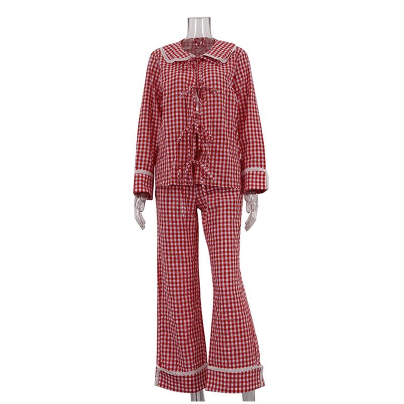 Plaid Shirt Pants Sets Women Peter Pan Collar Lace Up Long Sleeve Shirts Wide Leg Trousers 2 Pieces Suits Female Casual Outfits