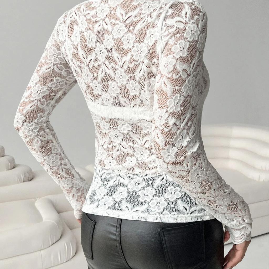 Elegant V-neck, Scalloped Neckline, Single-layer Solid Lace Long-sleeved T-shirt, Slim Fit Slim Slim Top for Women