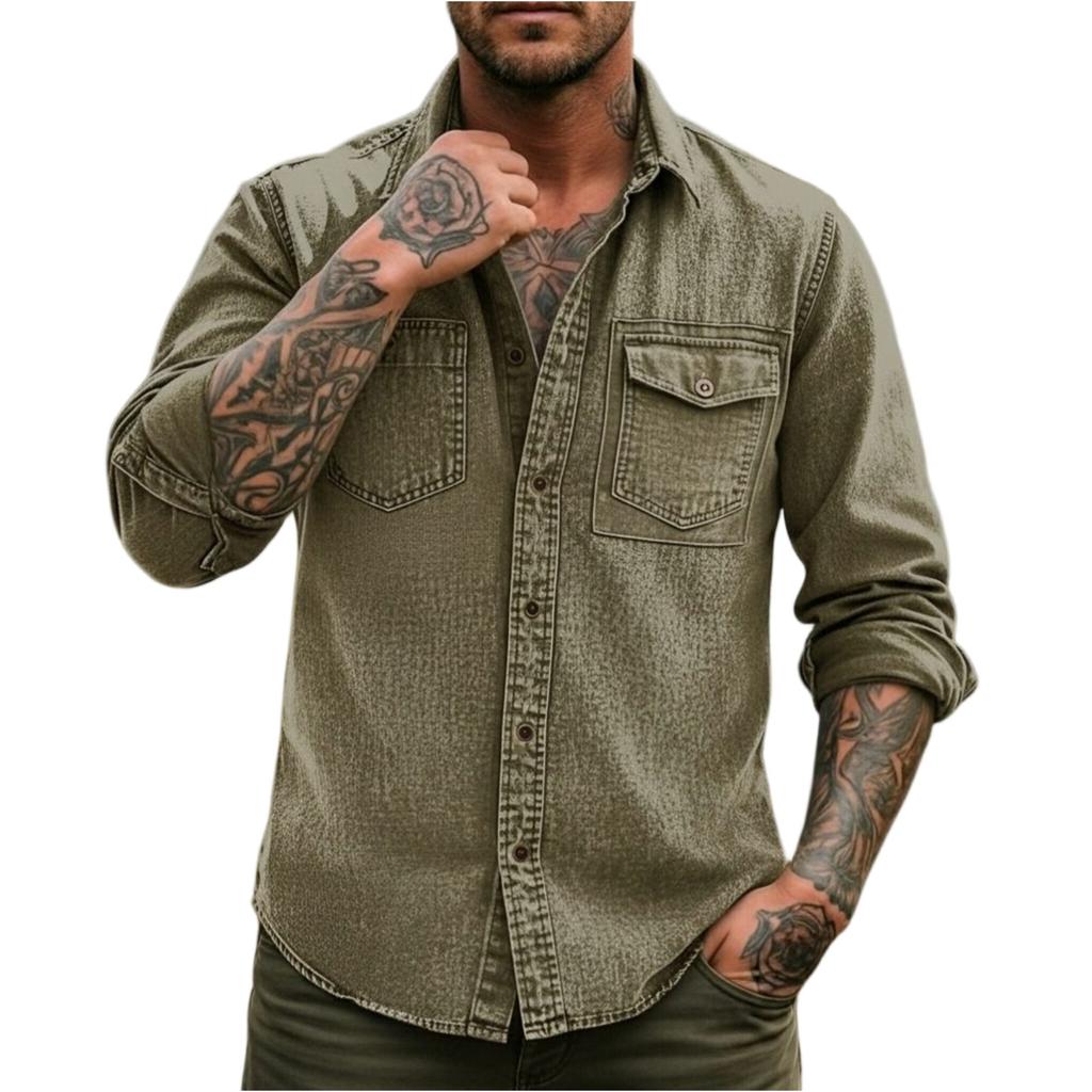 Herren Langarm Jeanshemd Knopfleiste Lässige Passform Vintage Stil Zwei Brusttaschen Western Design