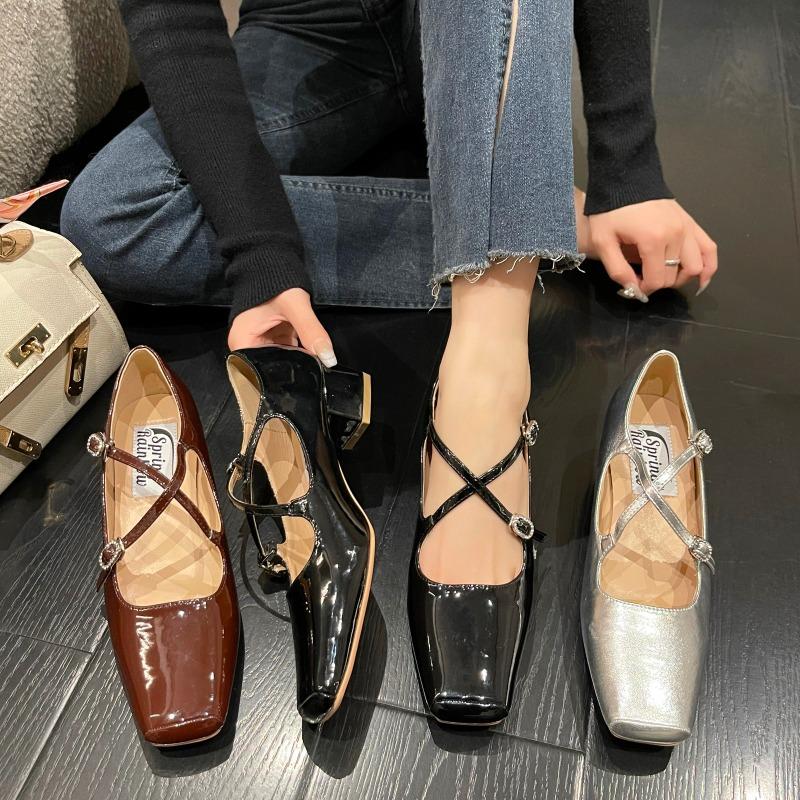 Fashion NEW Spring/Autumn Women Shoe Split Leather Sho Square Toe Chunky Shoe for Women Fashion Cross-tied Women Pumps Ladies