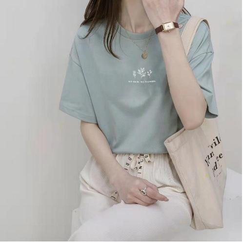 

Short Sleeve Korean Version Crew Neck T-Shirt Women s Summer Loose Plant Print Casual Solid Color Student Half Sleeve Top Tide XXL
